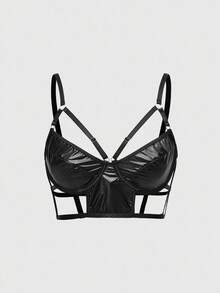 ROMWE Grunge Punk Bộ đồ lót dây và áo ngực có gọng PU Dark Punk, gợi cảm - màu đen - Xem 11
