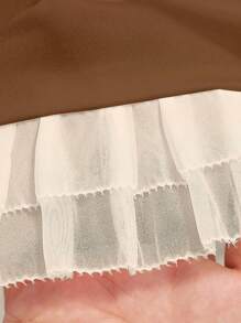 INAWLY Áo thun viền bèo nhún màu sắc đơn giản - Cà phê nâu - Xem 7