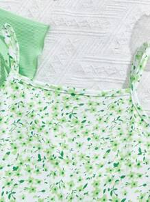 SHEIN Vintaside Kids 青少年女孩度假休闲纯色抽绳上衣和小碎花吊带裙两件套