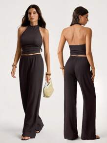 SHEIN Tall 2pcs/Set Women Vacation Casual Solid Color Backless Tank Top And Long Pants
