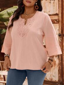 EMERY ROSE 大码女式休闲宽松简约粉色缺口衬衫，适合日常穿着波西米亚风衬衫 V 领女式衬衫秋季女式乡村音乐会、外出上衣