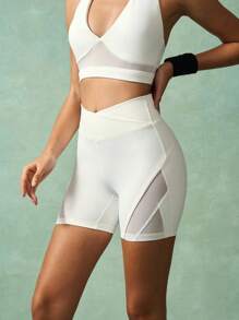 VARSITIE Workout Short Solid Color Mesh Patchwork Layered Waist Sports Shorts