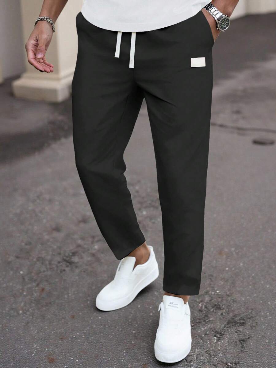 Manfinity Homme 男士直筒裤，松紧腰，抽绳，袖口有小细节，秋季 - 黑色 - 查看 1