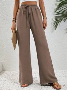 SHEIN Tall Women Khaki Casual Elastic Waist Drawstring Relaxed Straight Leg Pants Fall Cloth For Women - Khaki - View 5