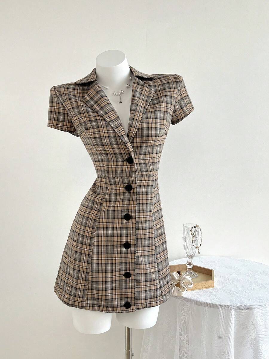 Elamini 女式休闲格子纽扣前迷你连衣裙，夏季 - 彩色 - 查看 1