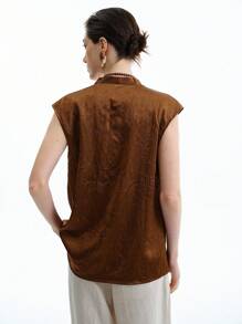 Aalyst Áo sơ mi nữ mùa hè không tay cổ chữ V xếp ly rộng rãi sang trọng, thời trang cao cấp, thanh lịch, giản dị - Rỉ Nâu - Xem 2