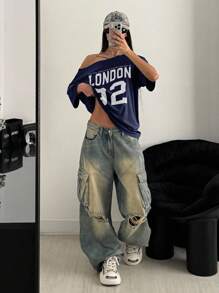 POPSWAY Plus Size London 92 Graphic Plus Size Loose Shoulder T-Shirt, White Graphic Tees Women Tops