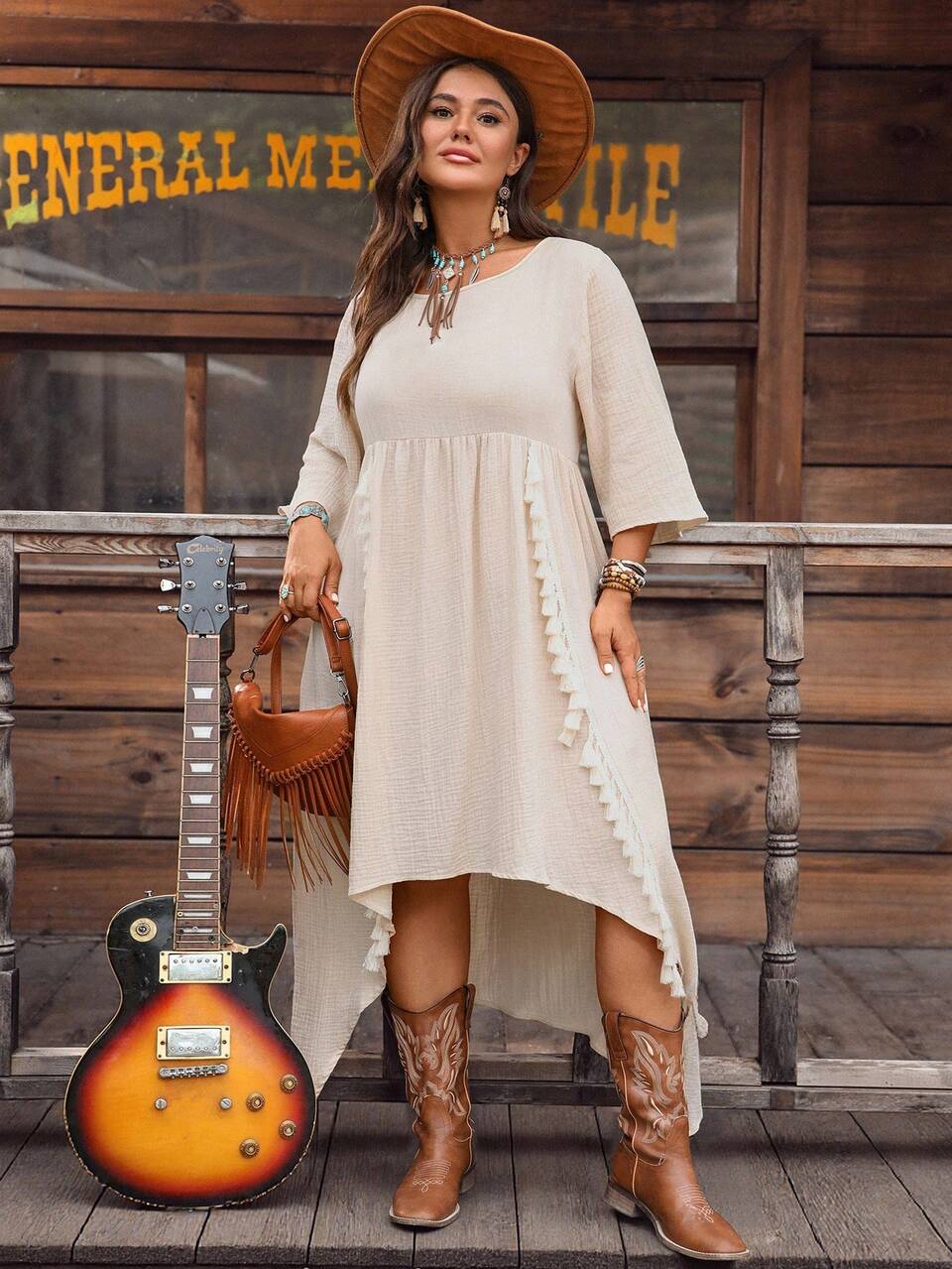 Plus Size Women's Autumn Linen Peach Dress,Boho Casual Elegant Holiday Flowy Fringe Asymmetrical Hem 3/4 Sleeve Round Neck Comfortable Outfits