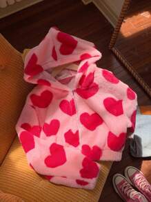 Comfortcana Plus Size Heart Print Hooded Jacket, Casual For Spring/Autumn,Fall Clothes For Women Winter - Pink - View 3