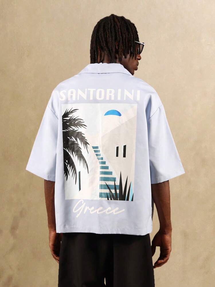 Boxy Button Down Shirt With Coastal Artwork Print