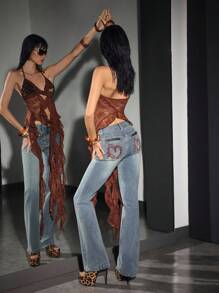 SHEIN Unity Jeans de mezclilla casuales y versátiles con bolsillos acampanados para mujer - Azul - Ver 4