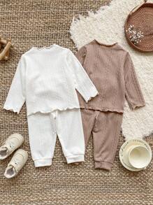 SHEIN 4 Sets Baby Girl Toddler/Newborn 0-3 Years Old Cable Knit Long Sleeve Top & Pants Suit,Brown And White,Autumn,Casual,Family Matching Multi-Piece Sets - Multicolor - View 2