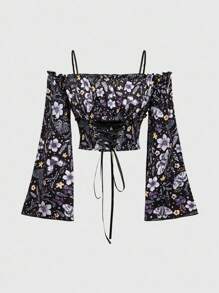 ROMWE Fairycore Áo trễ vai in họa tiết bướm, bướm đêm cổ điển dành cho nữ, thích hợp cho lễ Halloween, mùa thu - màu đen - Xem 1