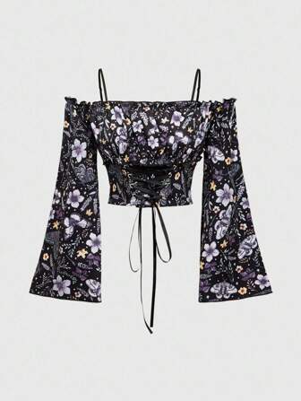 Fairycore Women's Vintage Distressed Butterfly, Moth, Floral Print Off Shoulder Top, Suitable For Halloween, Autumn