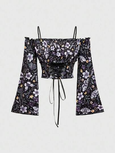 Fairycore Top d'épaules femme vintage imprimé papillon, papillon de nuit, floral délavé. Convient pour Halloween, automne