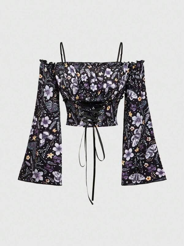 ROMWE Fairycore Women Fairycore Butterfly/Moth & Floral All-Over Print Off Shoulder Top