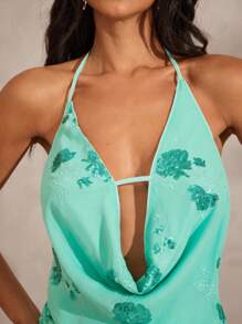 Hauture Sexy Summer Vacation Sequin Embroidery Cowl Halter Open Back Ruched Mini Dress - Mint Green - View 4