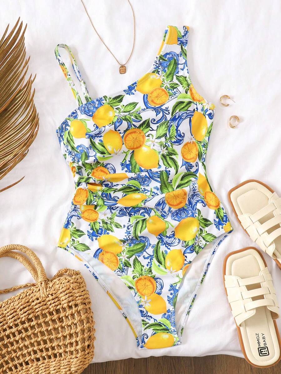 SHEIN Tween Girl 腰部褶饰水果印花连体泳衣