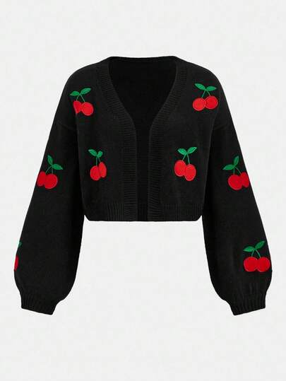 SHEIN Girlism Teen Girls Black & Red Cute Cherry Fruit Embroidery Pattern Versatile Knitted Cardigan Sweater Jacket,In Fall/Winter