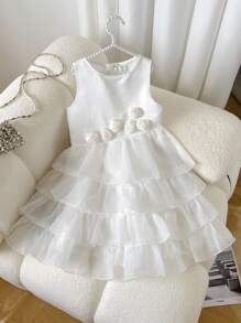 SHEIN Tween Girls' Elegant Round Neck Sleeveless Dress With 3D Floral Decoration - White - View 1