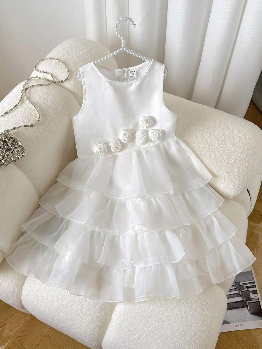 SHEIN Tween Girls' Elegant Round Neck Sleeveless Dress With 3D Floral Decoration - White - View 1