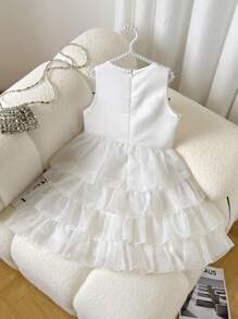 SHEIN Tween Girls' Elegant Round Neck Sleeveless Dress With 3D Floral Decoration - White - View 2