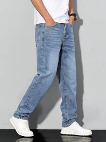 Manfinity Homme 大码男士浅蓝色牛仔裤，修身休闲长裤，适合所有季节