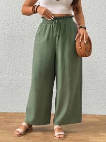 EMERY ROSE Femei Plus Size talie înaltă confortabil talie elastică cu șnur înclinat buzunare cu dungi textură largi pantaloni casual largi - Verde - Vizualizare 1