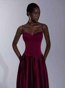Elitara 优雅酒红色缎面吊带紧身胸衣褶皱 A 字长裙，适合约会、度假、生日、派对、婚礼、学校场合、正式晚宴礼服 - 酒紅色 - 查看 7