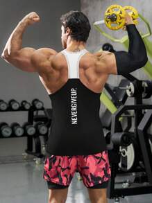 GymBeat 男士运动无袖运动 T 恤、吊带、背心 - 训练和健身房和健身垂袖剪裁吸湿排汗、透气、速干黑色常规剪裁面料圆领中度弹力 - 男士字母印花撞色圆领运动背心健身上衣健身房上衣透气 - 黑色 - 查看 3