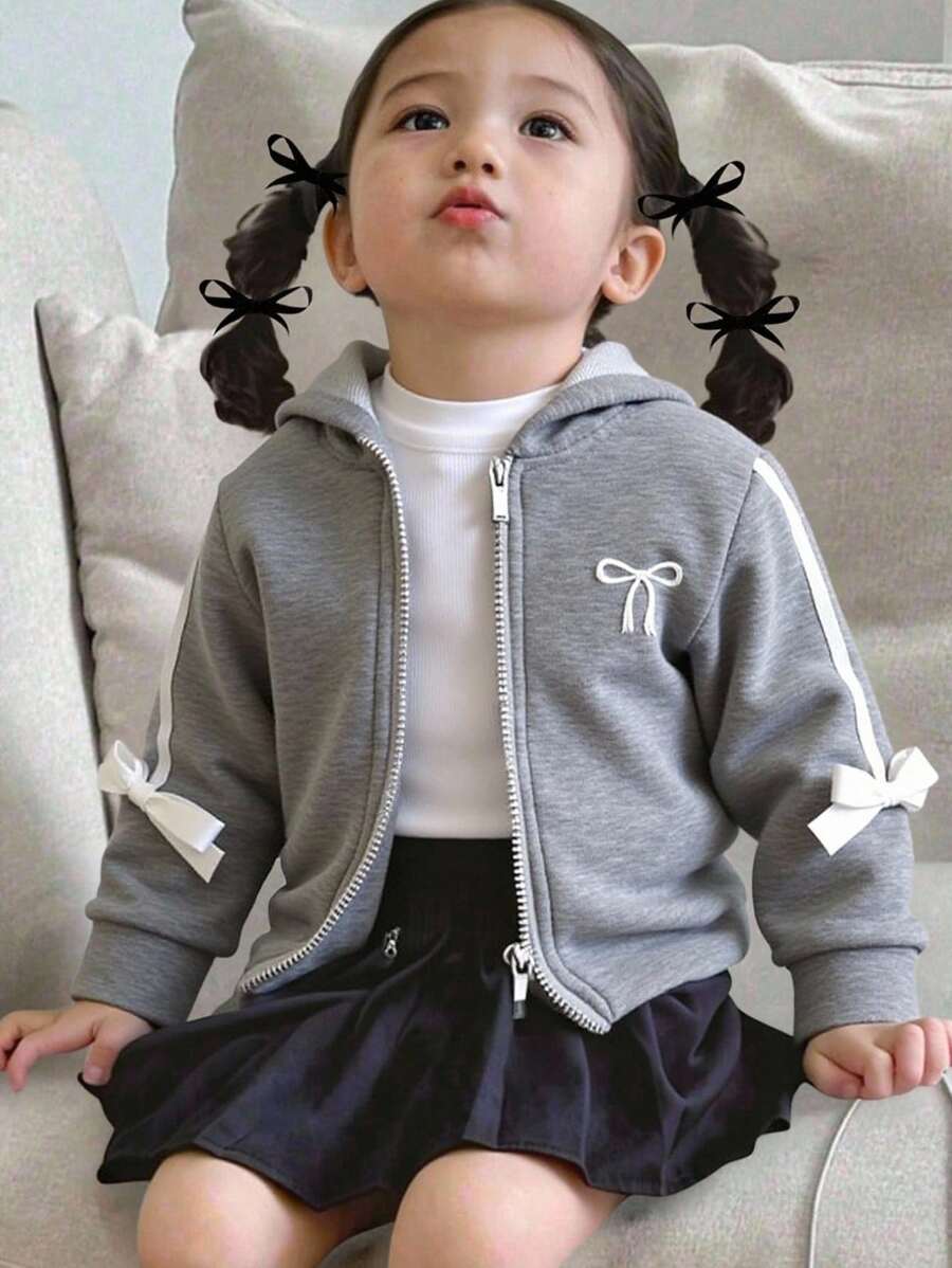 SHEIN 女宝宝时尚百搭休闲立体蝴蝶结花朵夹克外套适合秋冬季日常穿着 - 灰色 - 查看 1