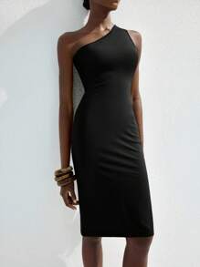 Maija 2025秋季现代都市不对称露背开衩黑色中长连衣裙，适合春夏复古音乐节派对，都市通勤，优雅复古风格，女士办公室穿着 - 黑色 - 查看 6