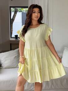 Flirla 大码女式休闲度假浪漫优雅荷叶边圆领及膝黄色连衣裙