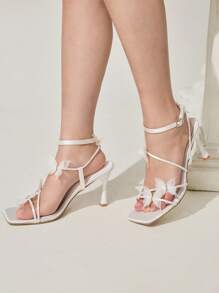 CUCCOO CHICEST 女士闪亮水晶网眼蝴蝶带方头细高跟凉鞋，优雅浪漫性感白色缎面女士正装鞋，适合正式场合、下午茶、约会、时尚派对、节日、鸡尾酒会、万圣节 - 白色 - 查看 6