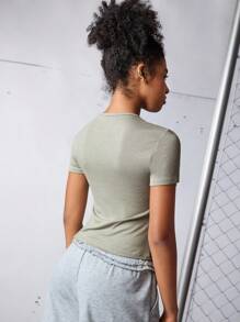 Streetz SHEIN Sport Women's Casual Letter & Number Print T-Shirt,Los Angelas 21 Basketball Short Sleeves Cropped Fitted Shirt,Sage Green,Summer,Gym,Back-To-School - Green - View 4