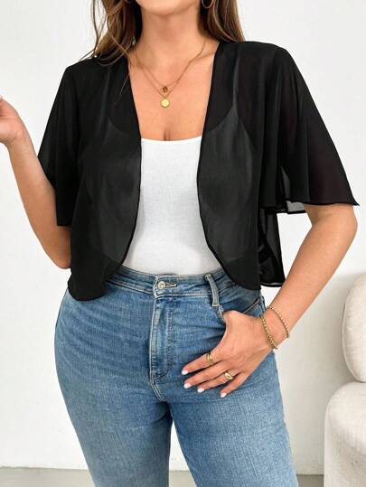 SHEIN Essnce Plus Size Women's Spring And Summer Fashion Casual Loose Comfortable Breathable Cool Daily Perspective Chiffon Black Short-Sleeved Cardigan, Sun Protection Coats,Black Tops,Cruise Outfits Women,Going Out Tops Clothes For Women
