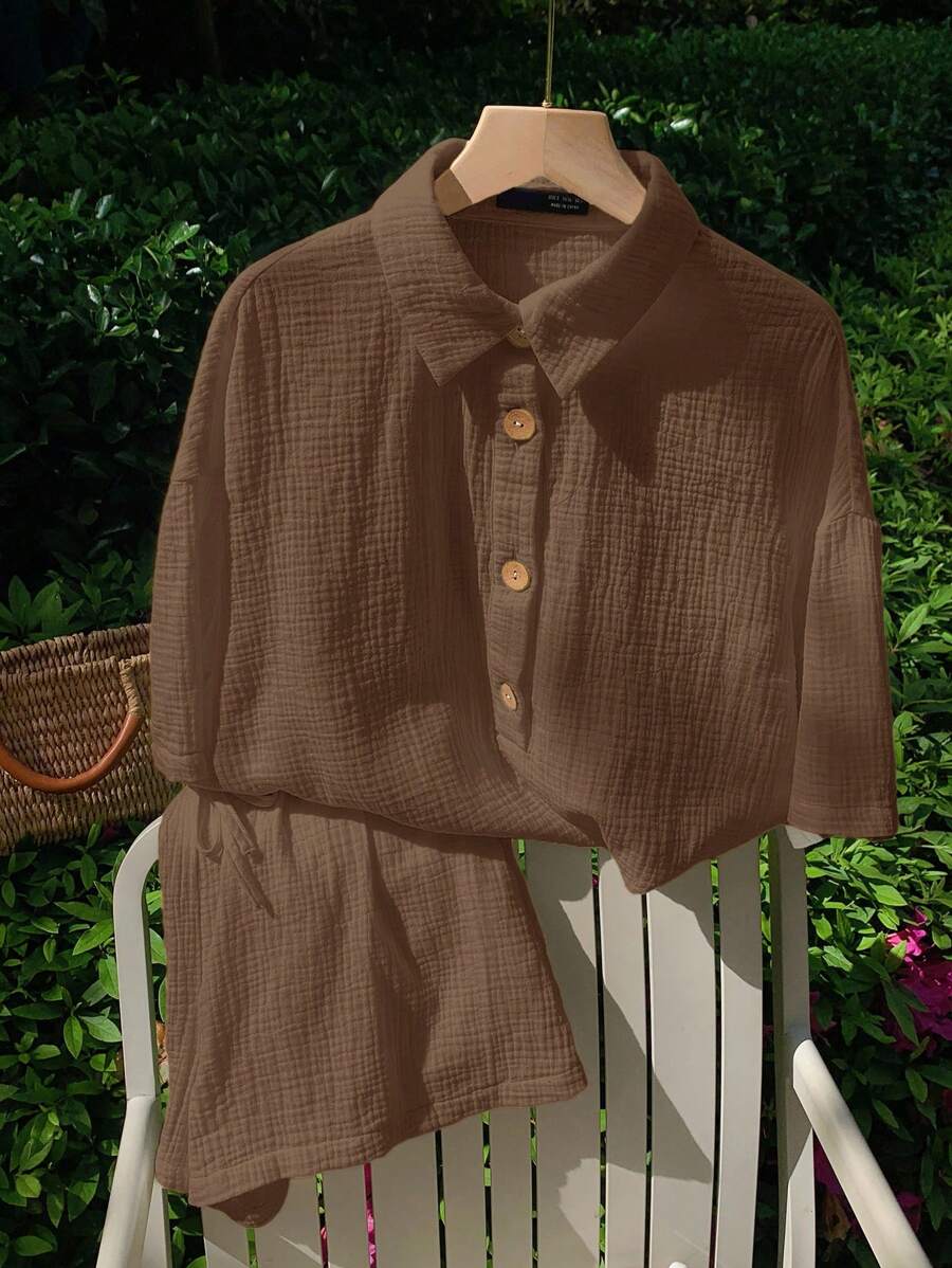 SHEIN EZwear Chocolate Brown Woven Women Short Sleeve Shirt And Shorts Casual Set - Chocolate Brown - View 1