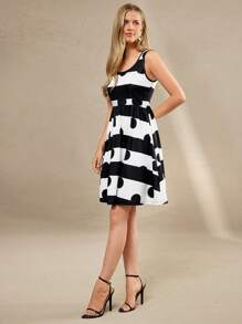 Amorya 女式圆领无袖收腰修身几何印花 A 字型弹力针织优雅休闲连衣裙，适合春夏季 - 黑與白 - 查看 7