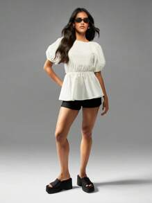 MISSGUIDED Blusa de mangas abultadas con amarre en la espalda, cintura ajustada, espalda abierta, para uso casual, de fiesta, ocasiones especiales, resort, fiesta de duchas nupciales, elegante - Blanco - Ver 1