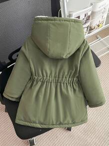 Girl's Waist Cinched Hooded Padded Coat, Zipper Closure, Faux Drawstring, Slim Fit Padded Coat Girls Winter Coat Girls Fall Jacket Kids Coat Wear Girls Hooded Jacket - Green - View 2
