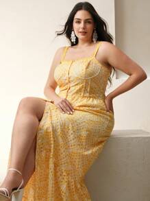 Anewsta 优雅荷叶边下摆镂空刺绣收腰A字连衣裙，浅黄色，适合海滩和度假穿着 - 黃色 - 查看 7