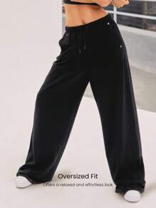 GLOWMODE Move And Grove Soft Smooth Reflective Pockets Drawstring Waist Smooth Oversized Baggy Wide Leg Sweatpants Dancing Daily Casual Wear  Spring Summer - Black - View 8
