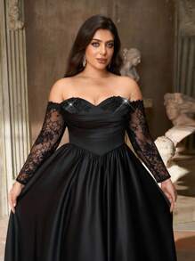 Aureia 大码优雅奢华黑色露肩薄纱长袖连衣裙，饰有花卉领口、蕾丝边和荷叶边下摆，适合婚礼、单身派对、度假、舞会、宴会和晚宴等场合（厚款）黑色蕾丝连衣裙，情人节 - 黑色 - 查看 4