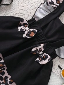 Genkimix Neugeborenen Baby süße Schleifen Dekor Leopard Patchwork rückenfrei Romper Set