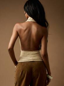 MISSGUIDED 金属光泽围脖领口露背上衣 无袖罗纹针织派对俱乐部装 晚间假日露背垂褶前部迷人场合装 - 金色 - 查看 2