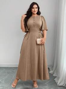 Modelyn Vestido elegante de talla grande para mujer de unicolor, con botones, media pechera, manga corta y cintura con lazo
