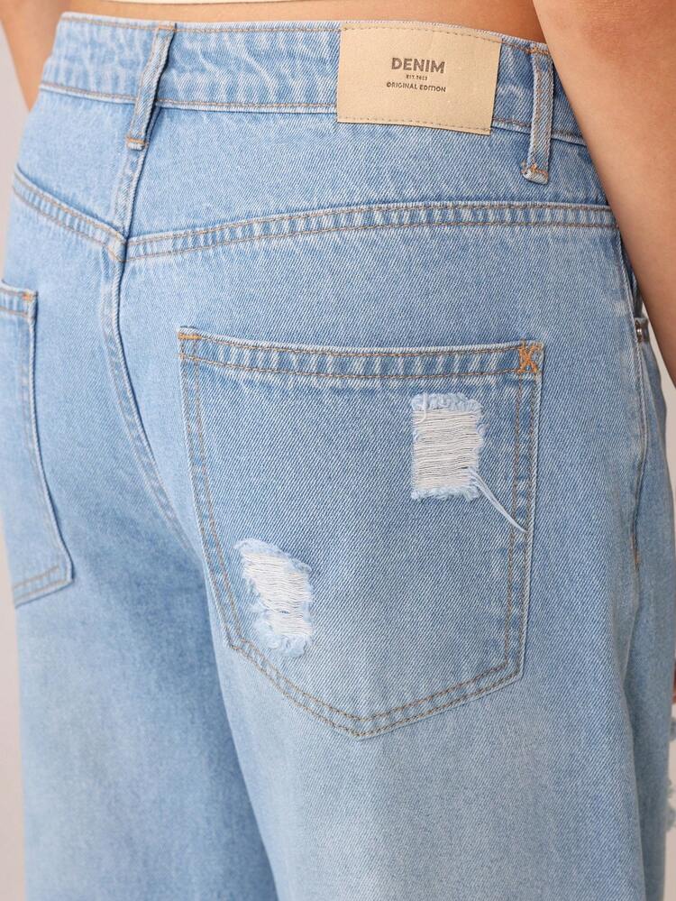 Distressed Wide Leg Denim Jeans With Ripped Details