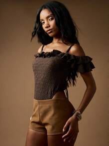 MISSGUIDED Textured Stretch Bardot Bodysuit Off Shoulder Ruffle Detail Long Sleeves Special Occasion Evening Party Resort Wear