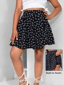 Young Girl Woven Ditsy Floral Wide Leg Shorts For Spring/Summer Outings, Mom And Daughter & Sisters Matching Style, Matching Family Vacation, Holidays, French, Cute & Elegant & Sweet & Vintage & Fashionable.Great For Casual & Daily Wear & School Daily. Girls Skirts With Shorts., Skirts With Built In Shorts - Black - View 1