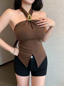 Celisse Top sin espalda de punto sexy con decoración de metal para mujer, de moda y nuevo